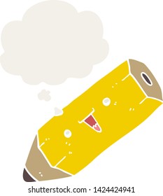 cute cartoon pencil with thought bubble in retro style