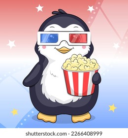 Cute cartoon penguin in 3d cinema glasses holds popcorn. Vector illustration of an animal on a blue and red background with filmstrip.