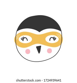 Cute cartoon penguin animal. Superhero character, vector illustration.