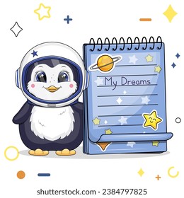 A cute cartoon penguin astronaut with a blue notebook with stickers. Vector illustration of an animal on a white background with stars, circles.