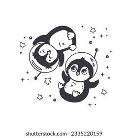 Cute cartoon penguin astronaut. a pair of penguins in space. Doodle style. Vector illustration