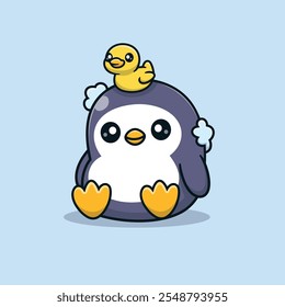 Lindo Pingüino de Dibujos Animados y Pato de Bebé Sentado Dulcemente Icono de Vector Ilustración. Icono de Naturaleza Animal Concepto Aislado Premium Vector. Estilo de dibujos animados de animales