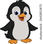 Cute cartoon penguin with big blue eyes and open beak, standing with flippers spread, isolated on white background, fun animal character for kids and educational use.