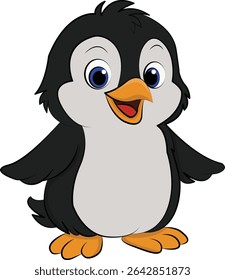 Cute cartoon penguin with big blue eyes and open beak, standing with flippers spread, isolated on white background, fun animal character for kids and educational use.