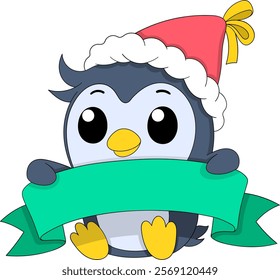 A cute cartoon penguin with big expressive eyes, dressed in a Santa hat, holding a green banner ready for customizable text