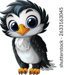 Cute cartoon penguin with big eyes and feathers