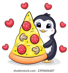 Cute cartoon penguin with a big piece of pizza. Vector illustration of animal on a white background with red hearts.