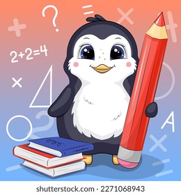 Cute cartoon penguin with a big red pencil and books. School animal vector illustration on colorful background.