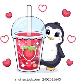 Pingüino de dibujos animados con una gran bebida de fresa. Ilustración vectorial de un animal y una taza de agua roja sobre un fondo blanco con corazones rojos.