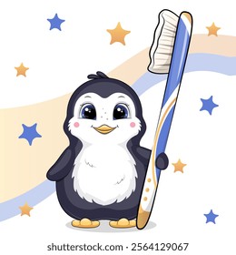 A cute cartoon penguin with a big toothbrush. Vector illustration of an animal on a colorful background with stars.