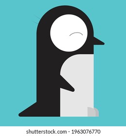 A cute cartoon penguin, in black and white with a light blue background, closes his eyes.
The penguin is designed in a children's design and is an adorable and charming penguin.