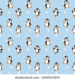 A cute cartoon penguin with a black and white face, orange beak and feet, and bright, round eyes. It has various poses such as standing, smiling, waving, jumping, and being cheerful, giving a sense of