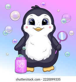 Burbujas de pingüino de dibujos animados. Ilustración vectorial de un animal sobre un fondo colorido.