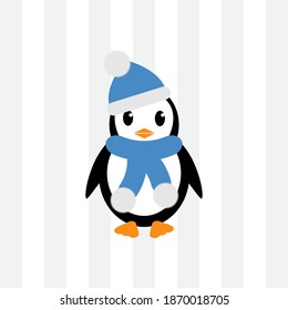Pingüino de dibujos animados en un sombrero azul y bufanda en invierno con un fondo transparente. Ilustración vectorial de pájaro ártico en diseño plano.