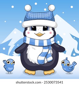 A cute cartoon penguin in blue hat and scarf stands in the mountains. Winter vector illustration on a blue background with snow.