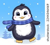 Cute cartoon penguin with blue scarf. Vector illustration of animal on blue background woth snow.