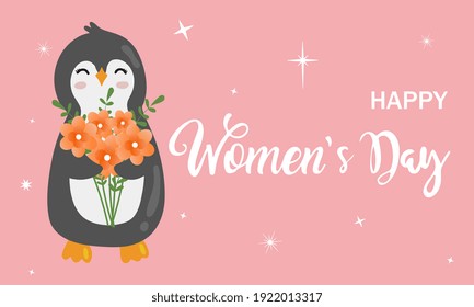 Cute cartoon penguin with bouquet. Happy Women's day greeting card. Vector illustration.