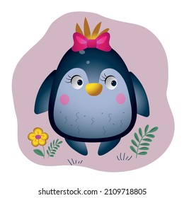 Cute cartoon penguin with a bow. Vector illustration