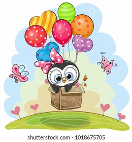 Cute Cartoon Penguin in the box is flying on balloons