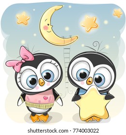 Cute cartoon Penguin boy gives a Penguin girl a star