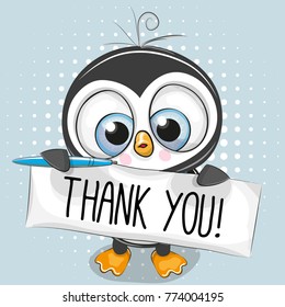 Cute cartoon Penguin Boy with plaque with inscription thank you