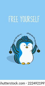 Cute cartoon of a penguin breaks a chain with kettlebells. Fitness logo design vector. Character animal. Concept of freedom