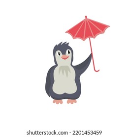 Cute cartoon penguin with a bright umbrella. Vector baby illustration for children print.