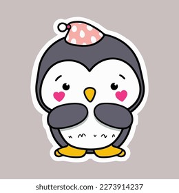 Cute cartoon penguin. The capped penguin clenches its wings and smiles.
