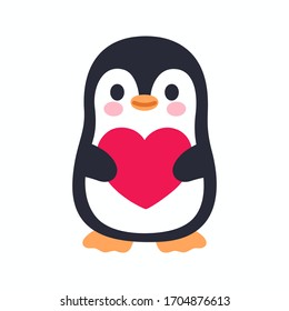 Cute cartoon penguin character holding heart. Kawaii little penguin isolated vector clip art illustration. I Love You greeting card.