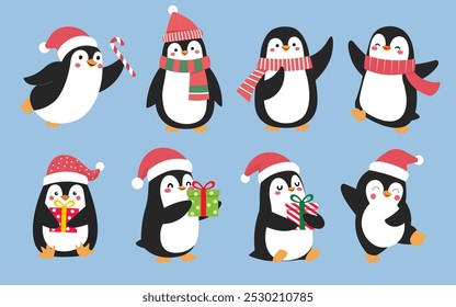 Cute Cartoon Penguin Character set,Joyful babies penguins with winter Scarf,Santa Claus hat and Gift box,Isolated vector Illustration ,Merry Christmas festival,Christmas sale banner,Template and Card