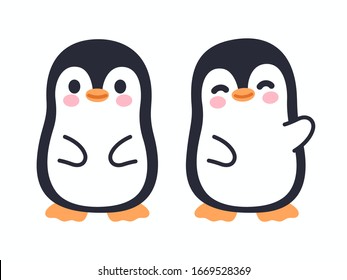 Cute cartoon penguin character standing and waving. Kawaii little penguin illustration set, isolated vector clip art.