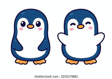 Cute cartoon penguin character standing with open arms for a hug. Kawaii little penguin illustration set, isolated vector clip art.