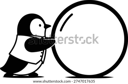 Cute cartoon penguin character in a vest pushing a large blank circular object, symbolizing effort