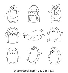 Cute cartoon penguin characters. Coloring Page. Winter animals. Antarctic bird. Vector drawing. Collection of design elements.