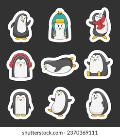 Cute cartoon penguin characters. Sticker Bookmark. Winter animals. Antarctic bird. Vector drawing. Collection of design elements.