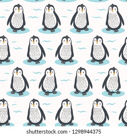 Cute cartoon penguin chick vector illustration. Seamless repeating pattern . Hand drawn kawaii animal character. For nursery all over print, new baby shower background, wildlife zoo textiles.