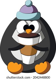 Cute cartoon Penguin with Coffee Cup. Draw illustration in color