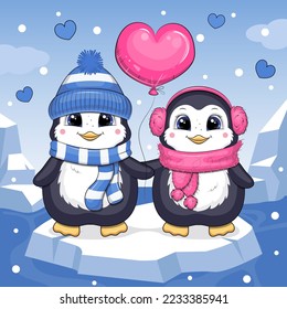 Cute cartoon penguin couple holding a balloon and floating on ice. Winter vector illustration of little animals on a blue background with snow.