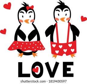 Cute cartoon penguin couple and lettering love. Kids print.