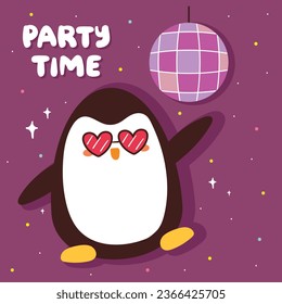 cute cartoon penguin dancing with disco lamp and pink glasses. cute kids card, wallpaper, background