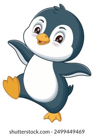 Cute cartoon penguin dancing. perfect for children books, greeting cards, and winter themed designs. Smiling with big eyes and orange feet. Vector illustration