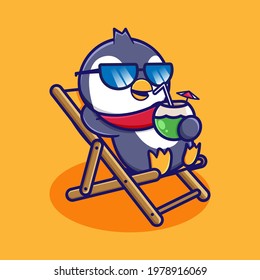 cute cartoon penguin design sitting on a beach chair drinking coconut