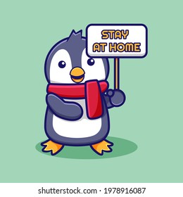 cute cartoon penguin design with stay at home sign board