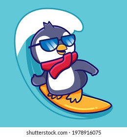 cute cartoon penguin design surfing on the waves