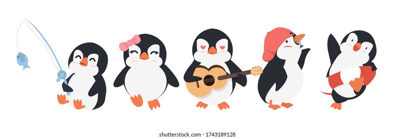 Pingüino de dibujos animados cutáneos conjunto de poses diferentes