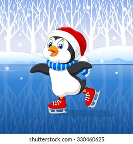 Cute Cartoon Penguin Doing Ice Skating In The Ice Skating Arena Background