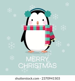 Cute cartoon cartoon penguin with earmuffs and scarf for Christmas and New year. Vector illustration.