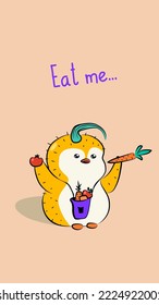 Cute cartoon of Penguin eats vegetables. concept of healthy food. Character animal. Children's illustration.