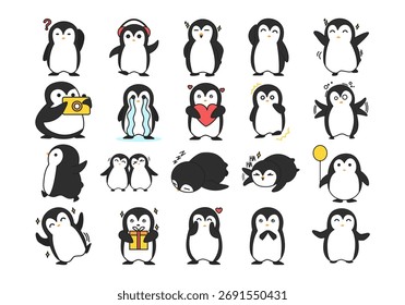 Lindo conjunto de elementos de pingüino de dibujos animados