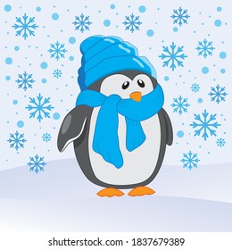 Cute cartoon penguin with falling flakes snows vector graphic illustration
